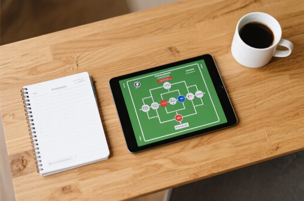 An overhead view of a wooden desk with a digital tablet showing a generic multi-stage sports tournament bracket flow, adjacent to a structured planning notebook and a clean coffee cup