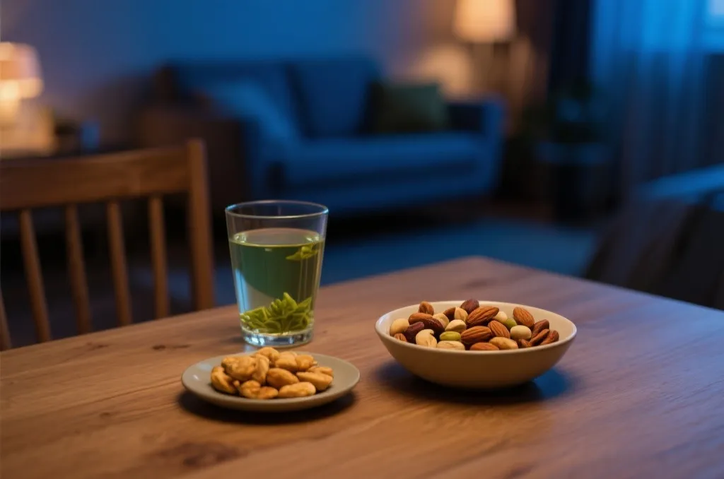 健康的通宵觀賽消夜與飲品，包括堅果與溫水
